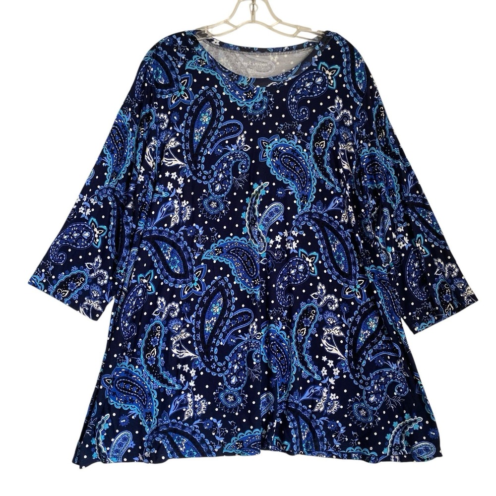 Jessica London Swing Tunic Top 18/20 Blue Paisley3/4 Sleeve Pullover Liquid Knit